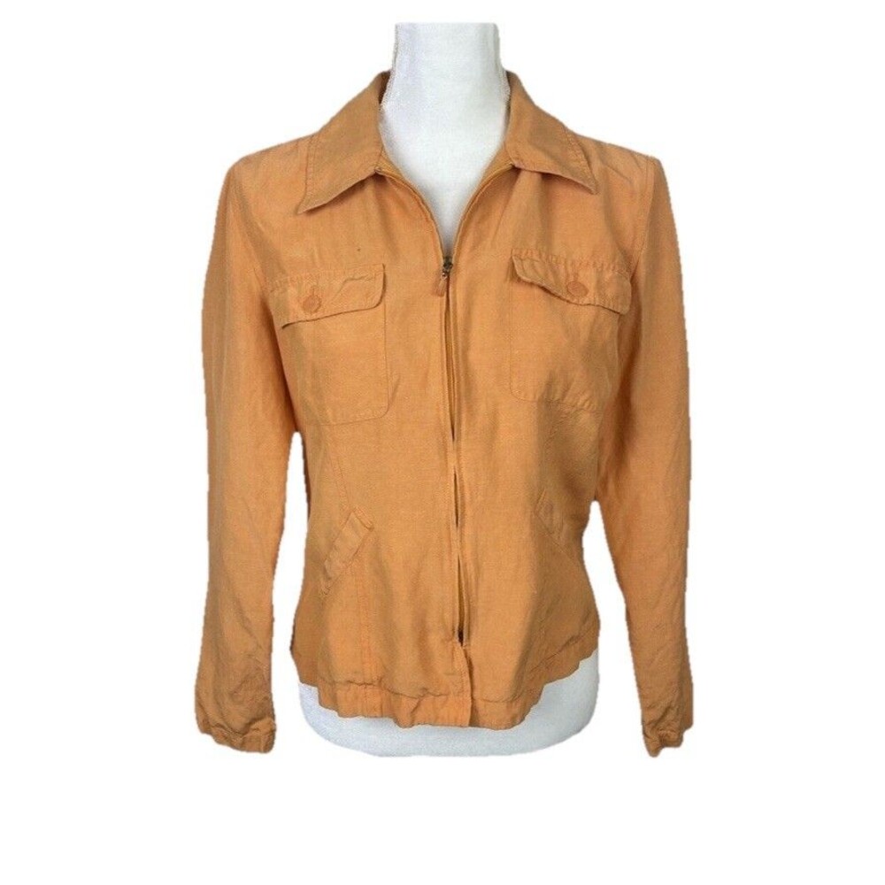 Y2K Dana B & Karen Silk Linen Zip Up Quirky Flower Buttons Orange Jacket Size 8